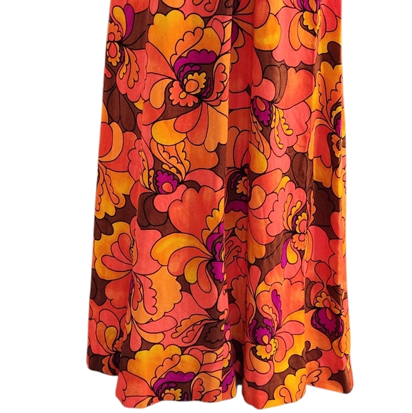Vintage 1960s 1970s Neon Barkcloth? Halter Maxi Dress Summer Floral 10 M - Picture 10 of 16